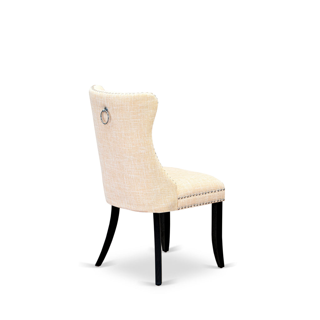 East West Furniture DAP6L32 Dallas Parson Chairs - Button Tufted Nailhead Trim Light Beige Linen Fabric Padded Dining Chairs, Set of 2, Wirebrushed Black