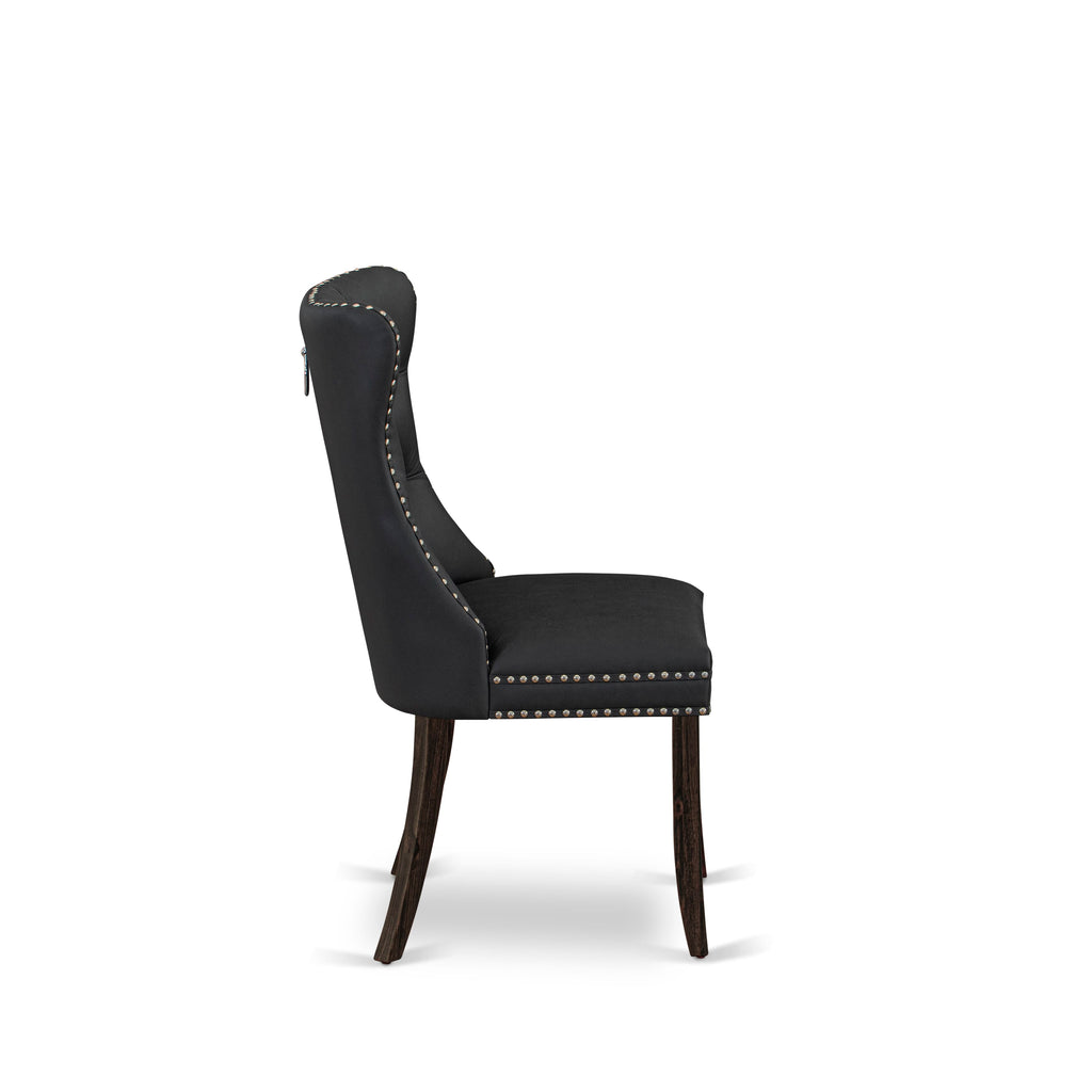 East West Furniture DAP7F12 Dallas Parson Chairs - Button Tufted Nailhead Trim Dark Gray faux Leather Padded Dining Chairs, Set of 2, Distressed Jacobean