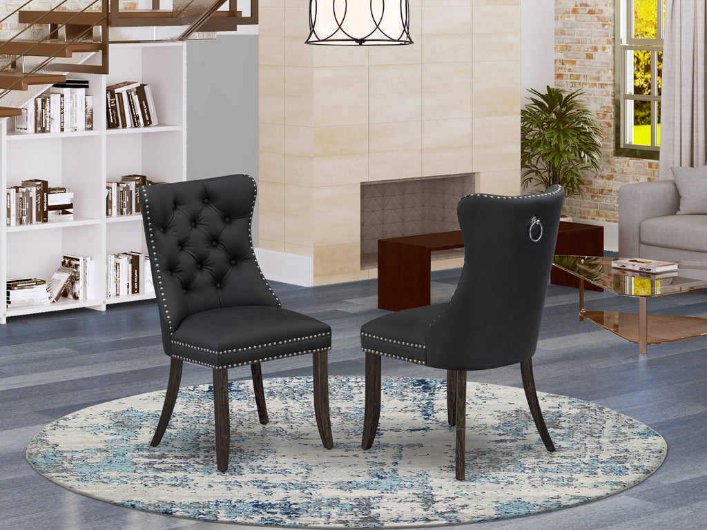 East West Furniture DAP7F12 Dallas Parson Chairs - Button Tufted Nailhead Trim Dark Gray faux Leather Padded Dining Chairs, Set of 2, Distressed Jacobean