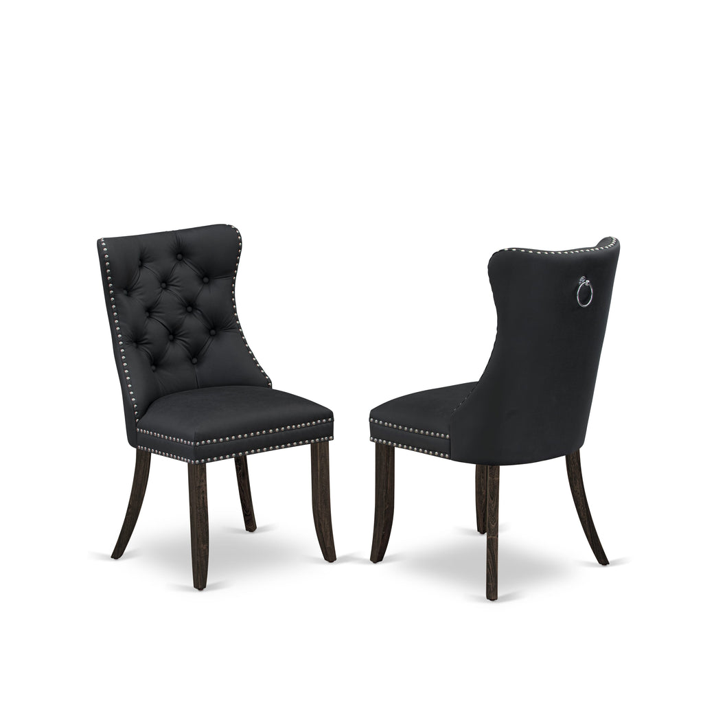 East West Furniture DAP7F12 Dallas Parson Chairs - Button Tufted Nailhead Trim Dark Gray faux Leather Padded Dining Chairs, Set of 2, Distressed Jacobean
