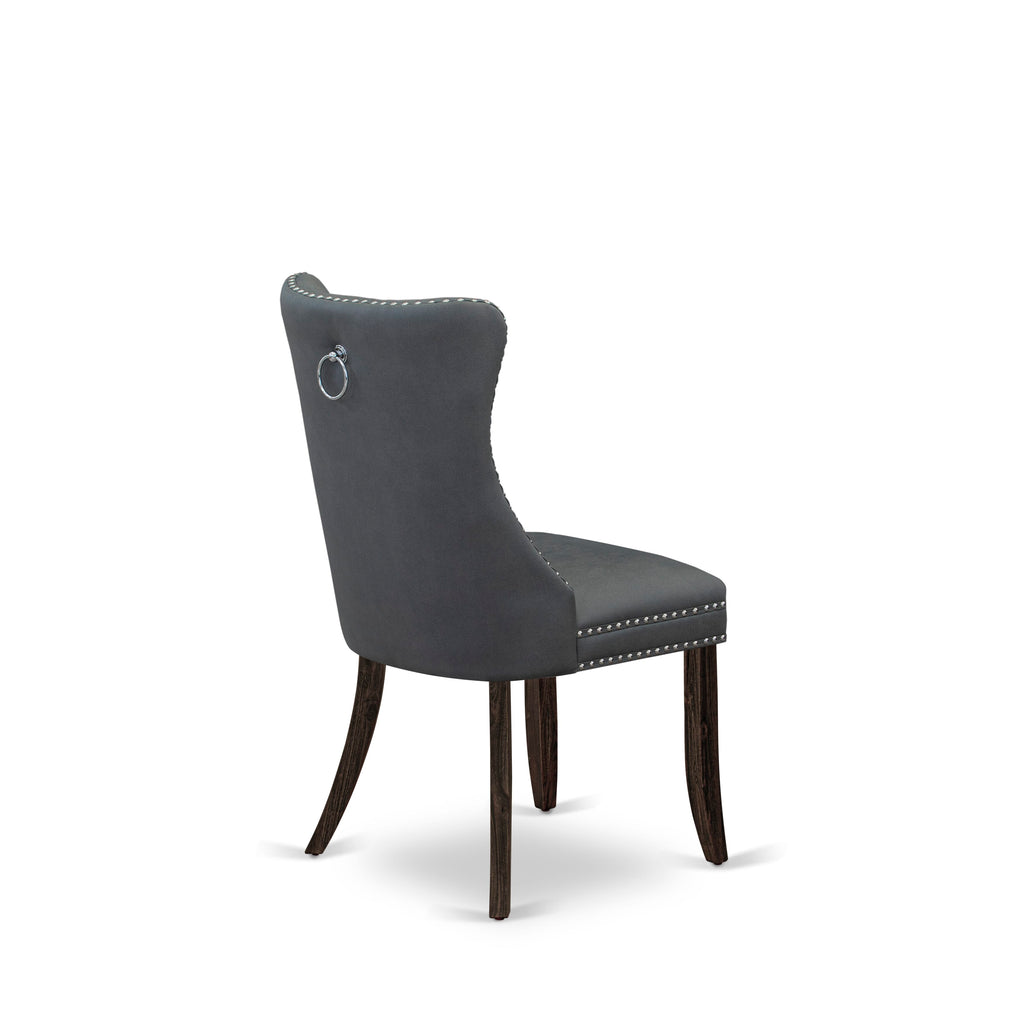 East West Furniture DAP7F13 Dallas Parson Dining Chairs - Button Tufted Nailhead Trim Platinum Gray faux Leather Padded Chairs, Set of 2, Distressed Jacobean