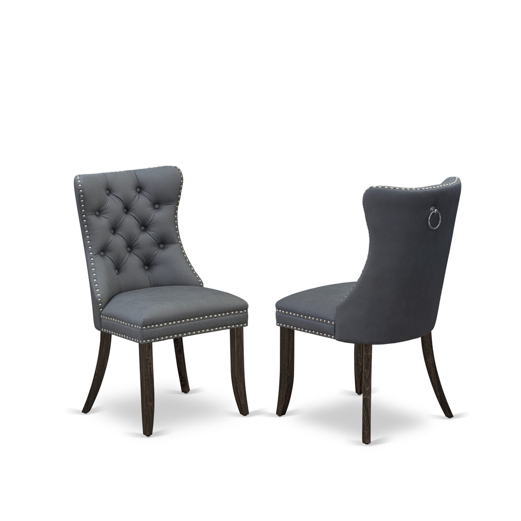East West Furniture DAP7F13 Dallas Parson Dining Chairs - Button Tufted Nailhead Trim Platinum Gray faux Leather Padded Chairs, Set of 2, Distressed Jacobean