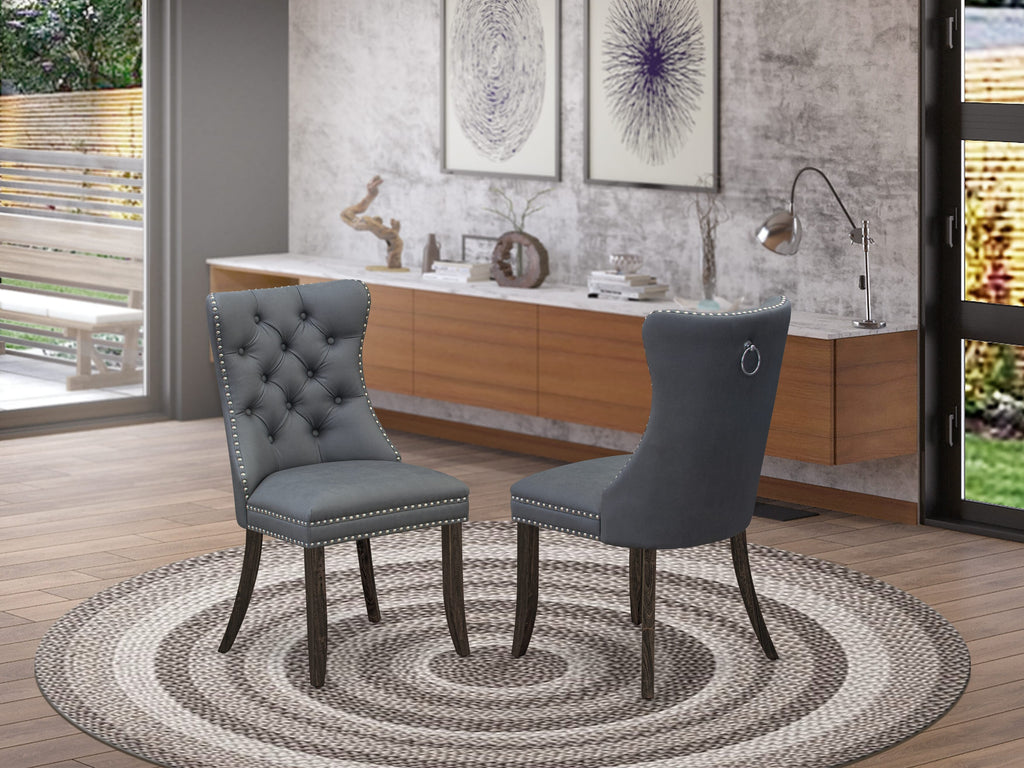 East West Furniture DAP7F13 Dallas Parson Dining Chairs - Button Tufted Nailhead Trim Platinum Gray faux Leather Padded Chairs, Set of 2, Distressed Jacobean