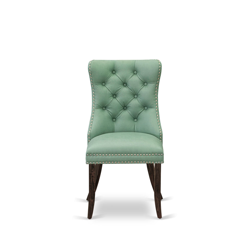East West Furniture DAP7F22 Dallas Parsons Dining Chairs - Button Tufted Nailhead Trim Willow Green faux Leather Padded Chairs, Set of 2, Distressed Jacobean