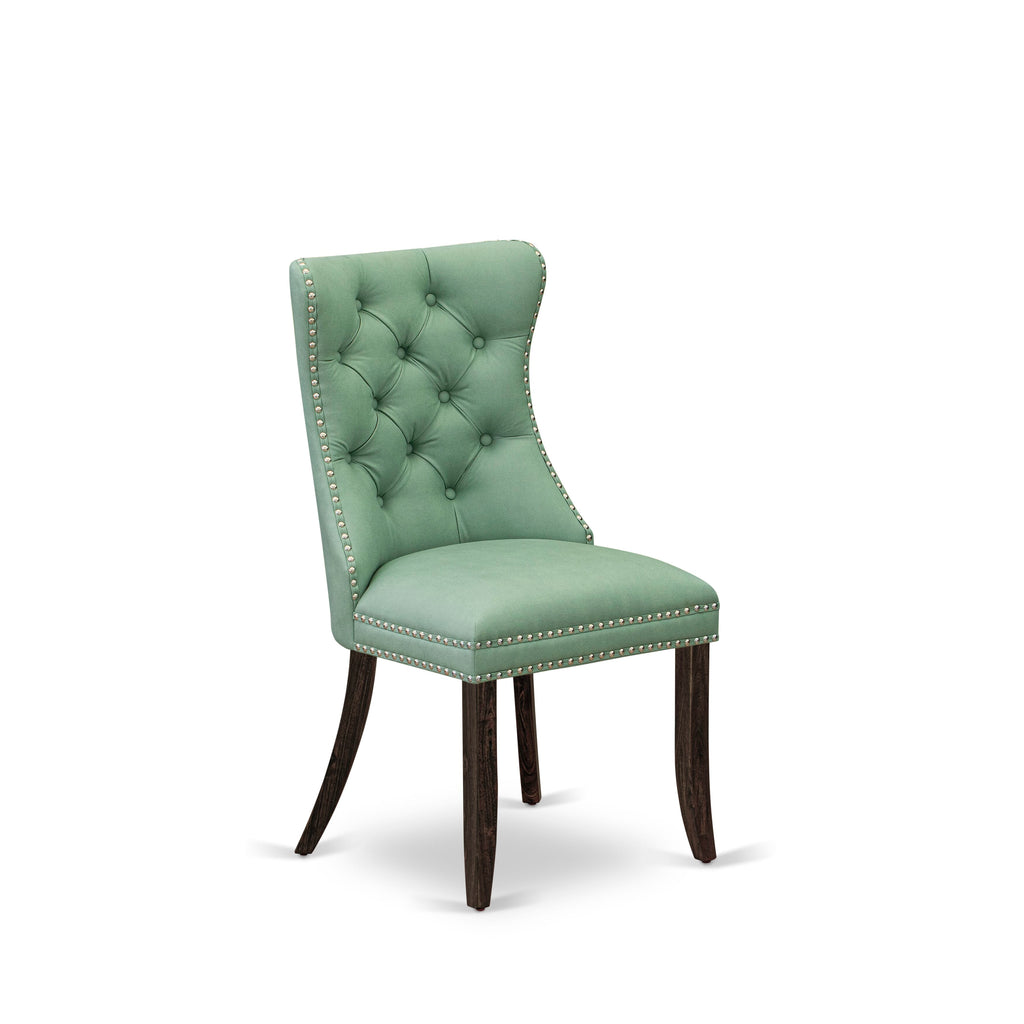 East West Furniture DAP7F22 Dallas Parsons Dining Chairs - Button Tufted Nailhead Trim Willow Green faux Leather Padded Chairs, Set of 2, Distressed Jacobean