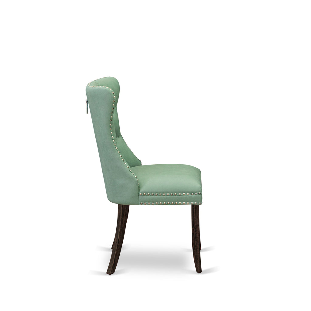 East West Furniture DAP7F22 Dallas Parsons Dining Chairs - Button Tufted Nailhead Trim Willow Green faux Leather Padded Chairs, Set of 2, Distressed Jacobean