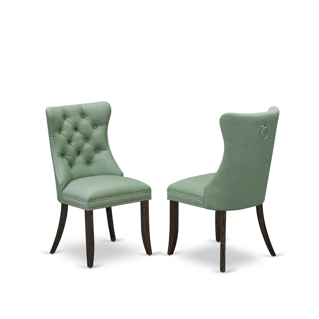 East West Furniture DAP7F22 Dallas Parsons Dining Chairs - Button Tufted Nailhead Trim Willow Green faux Leather Padded Chairs, Set of 2, Distressed Jacobean