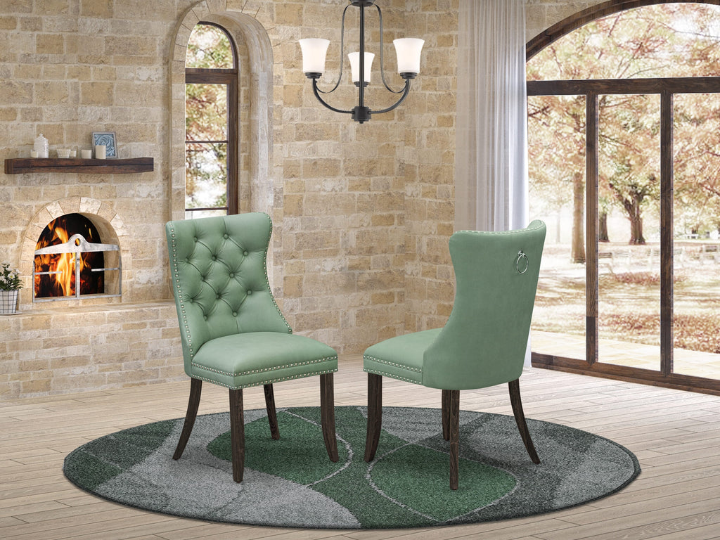 East West Furniture DAP7F22 Dallas Parsons Dining Chairs - Button Tufted Nailhead Trim Willow Green faux Leather Padded Chairs, Set of 2, Distressed Jacobean