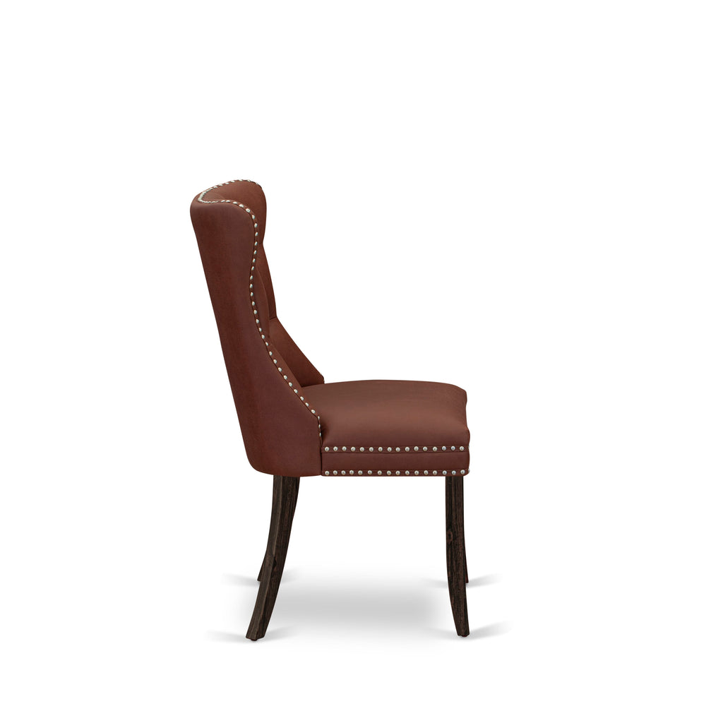 East West Furniture DAP7F26 Dallas Parsons Dining Chairs - Button Tufted Nailhead Trim Burgundy faux Leather Upholstered Chairs, Set of 2, Distressed Jacobean