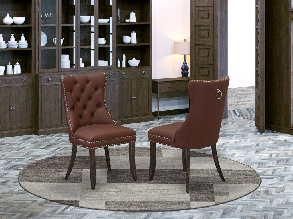 East West Furniture DAP7F26 Dallas Parsons Dining Chairs - Button Tufted Nailhead Trim Burgundy faux Leather Upholstered Chairs, Set of 2, Distressed Jacobean