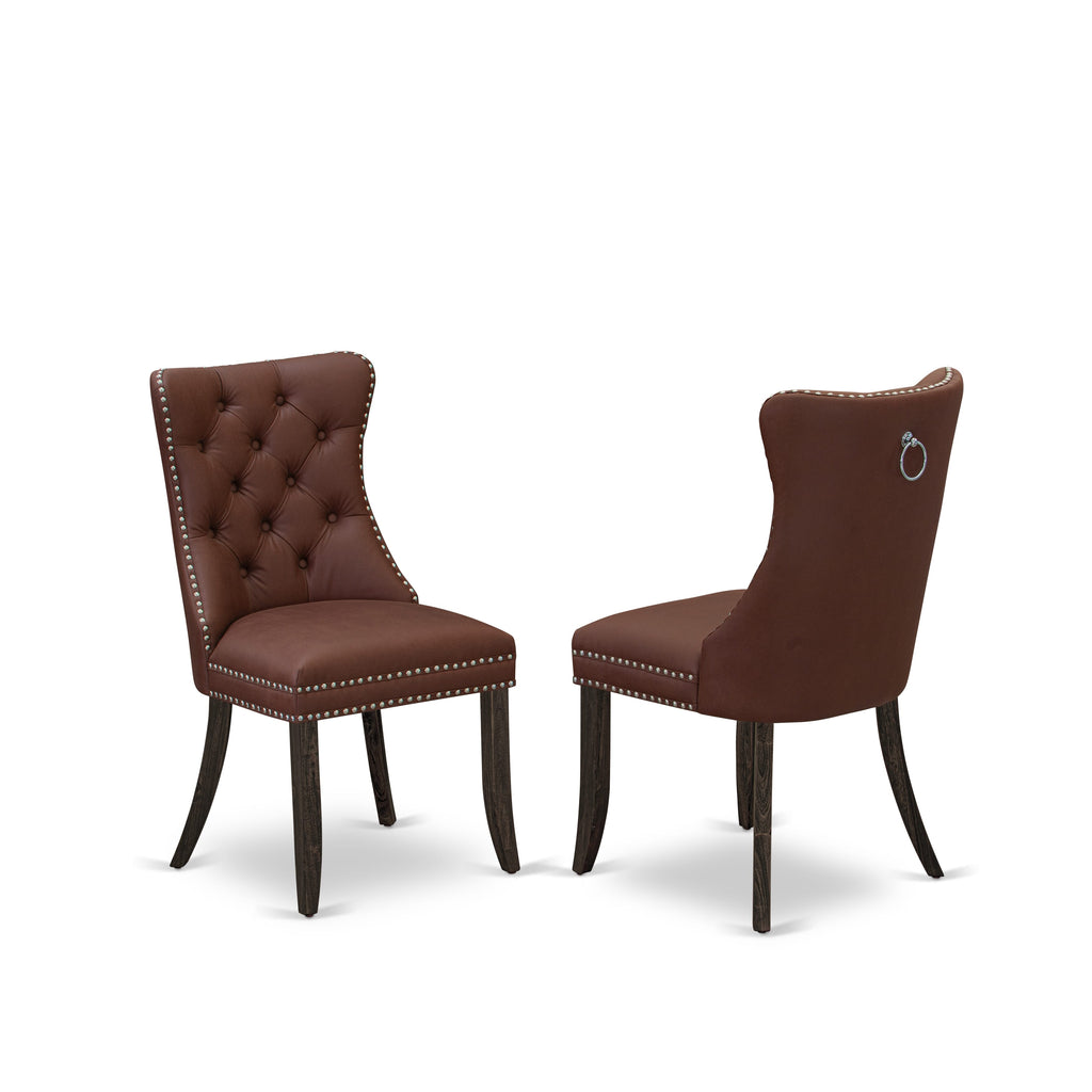 East West Furniture DAP7F26 Dallas Parsons Dining Chairs - Button Tufted Nailhead Trim Burgundy faux Leather Upholstered Chairs, Set of 2, Distressed Jacobean