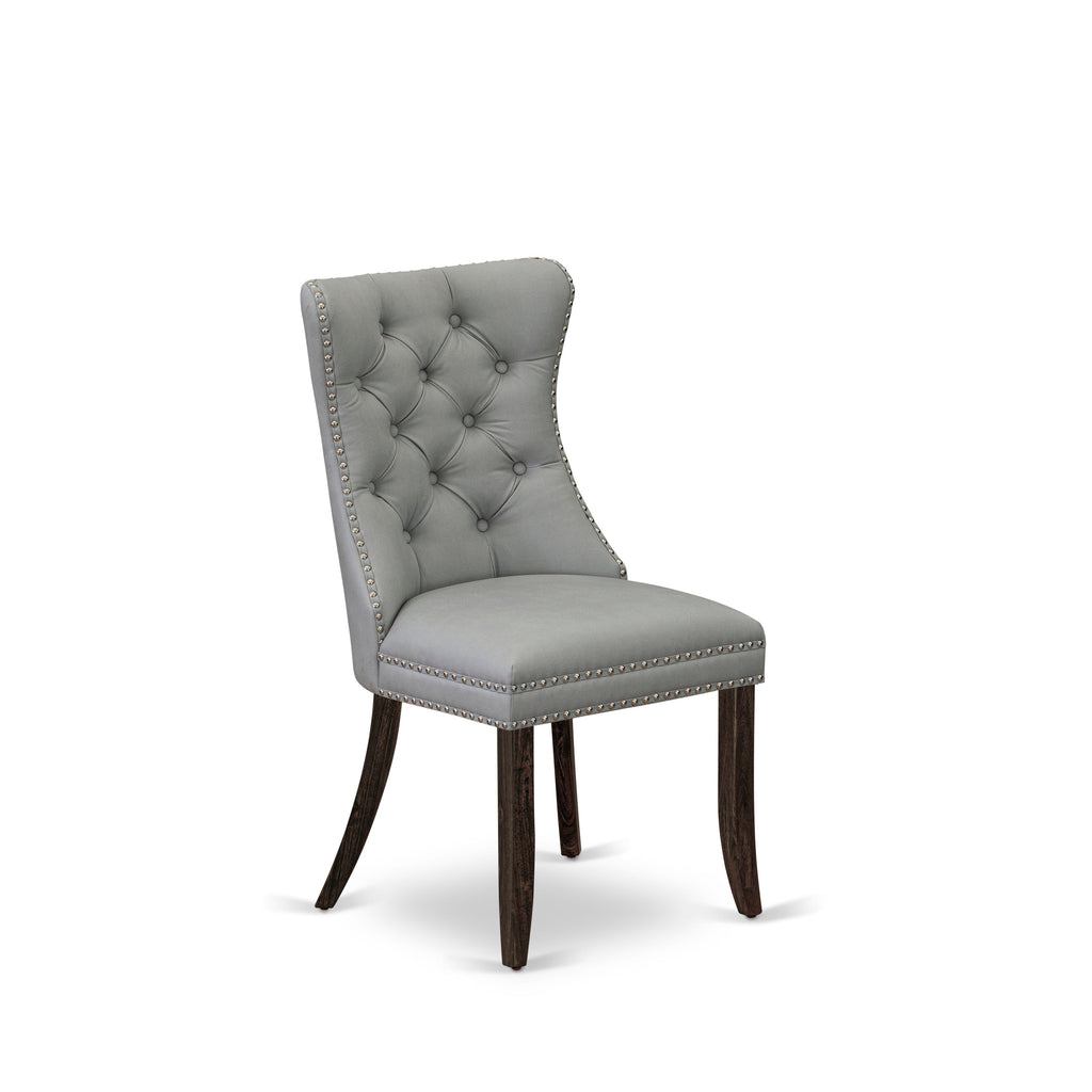 East West Furniture DAP7F27 Dallas Parson Dining Chairs - Button Tufted Nailhead Trim Light Gray faux Leather Padded Chairs, Set of 2, Distressed Jacobean