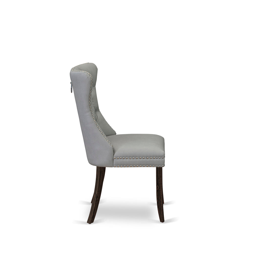 East West Furniture DAP7F27 Dallas Parson Dining Chairs - Button Tufted Nailhead Trim Light Gray faux Leather Padded Chairs, Set of 2, Distressed Jacobean