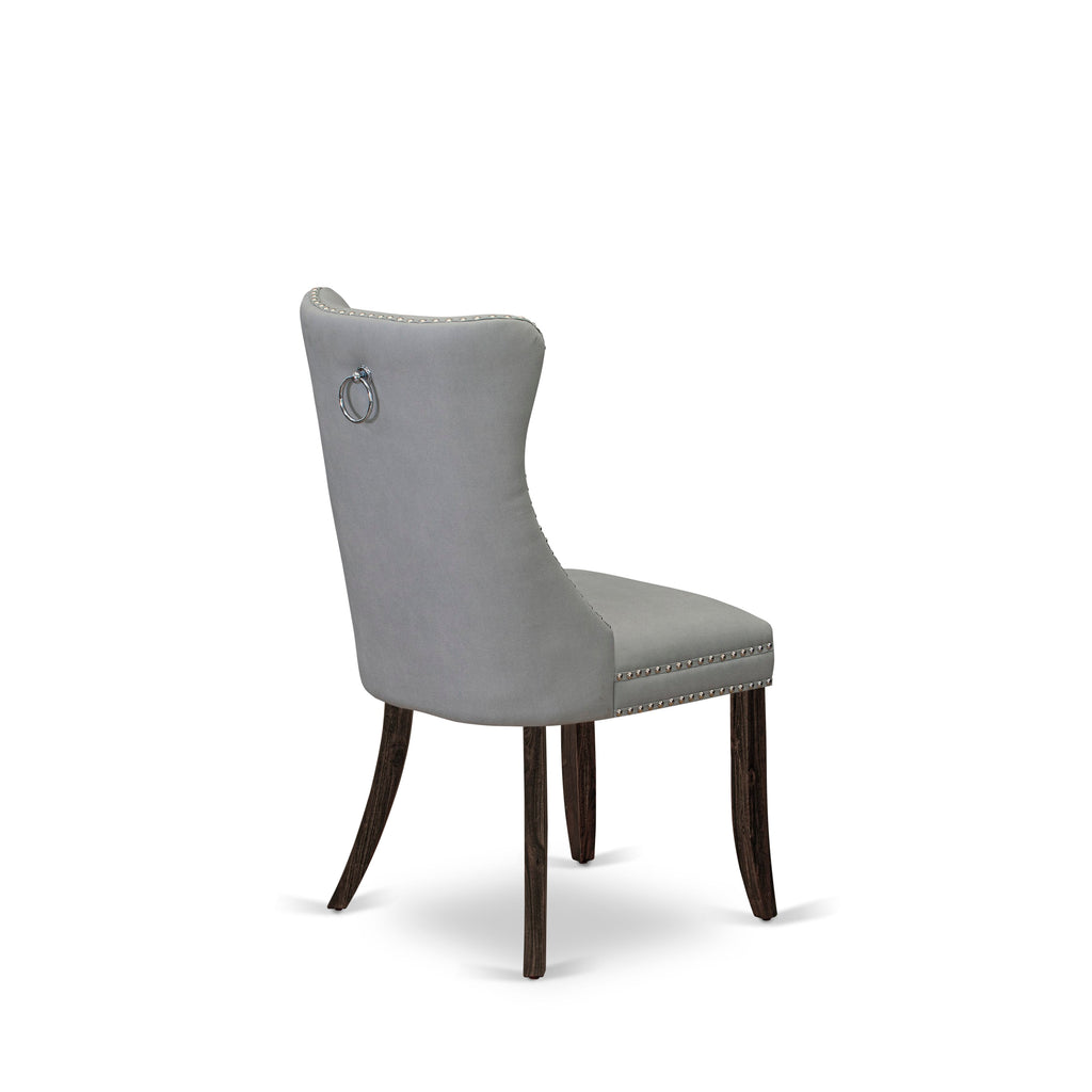 East West Furniture DAP7F27 Dallas Parson Dining Chairs - Button Tufted Nailhead Trim Light Gray faux Leather Padded Chairs, Set of 2, Distressed Jacobean