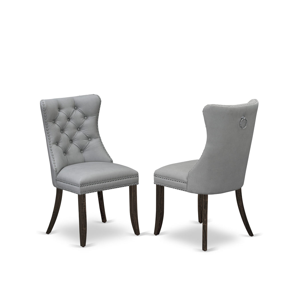 East West Furniture DAP7F27 Dallas Parson Dining Chairs - Button Tufted Nailhead Trim Light Gray faux Leather Padded Chairs, Set of 2, Distressed Jacobean