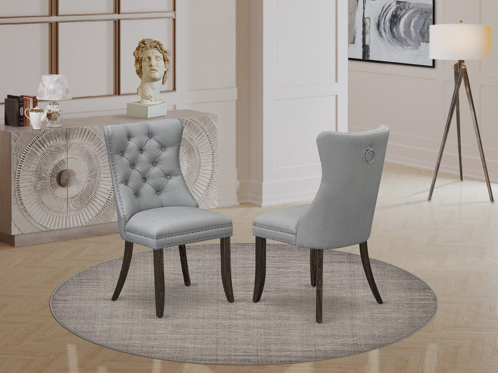 East West Furniture DAP7F27 Dallas Parson Dining Chairs - Button Tufted Nailhead Trim Light Gray faux Leather Padded Chairs, Set of 2, Distressed Jacobean