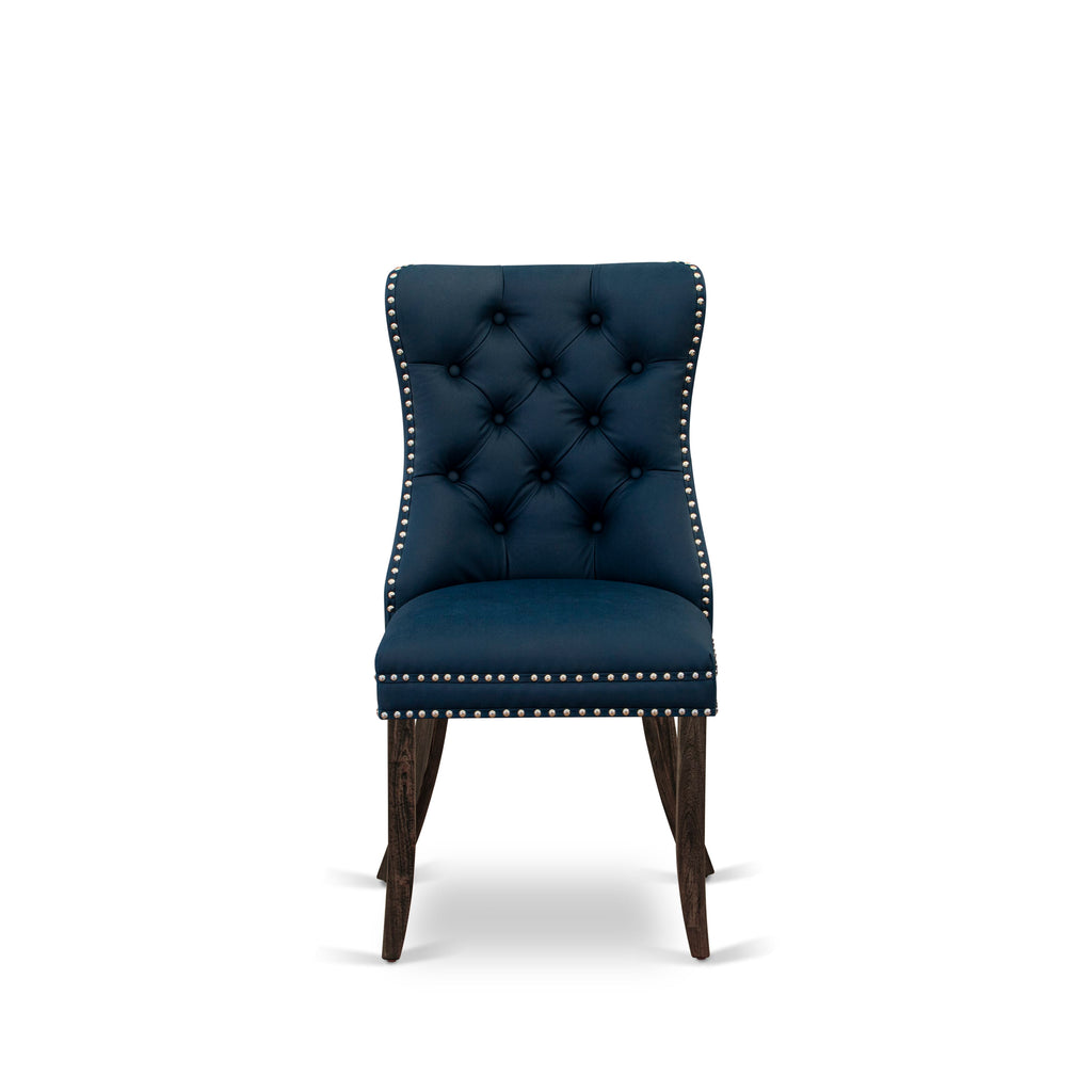East West Furniture DAP7F29 Dallas Parsons Dining Chairs - Button Tufted Nailhead Trim Navy Blue faux Leather Padded Chairs, Set of 2, Distressed Jacobean