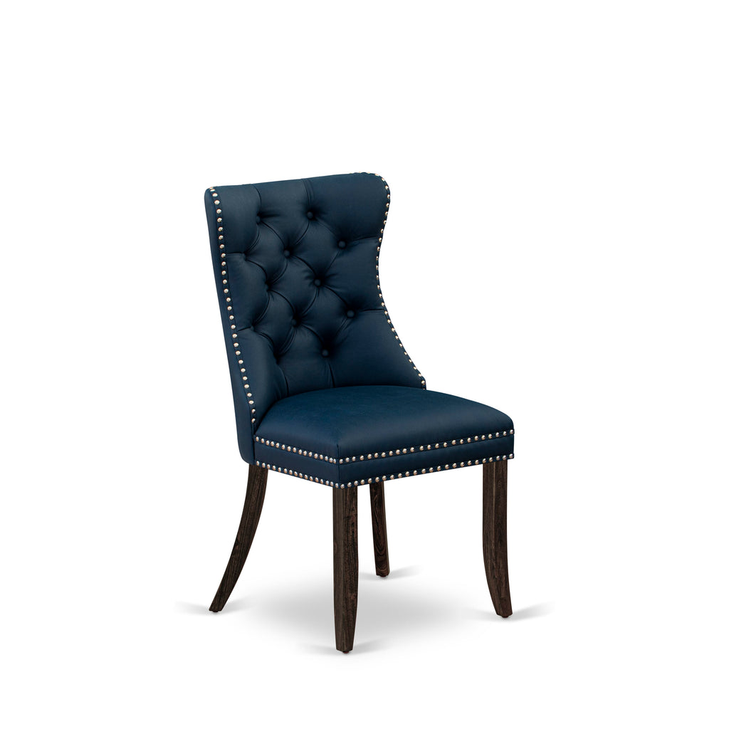 East West Furniture DAP7F29 Dallas Parsons Dining Chairs - Button Tufted Nailhead Trim Navy Blue faux Leather Padded Chairs, Set of 2, Distressed Jacobean