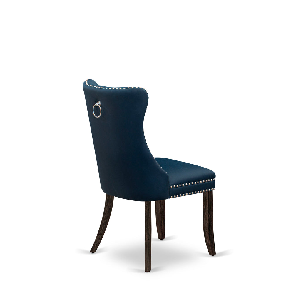 East West Furniture DAP7F29 Dallas Parsons Dining Chairs - Button Tufted Nailhead Trim Navy Blue faux Leather Padded Chairs, Set of 2, Distressed Jacobean