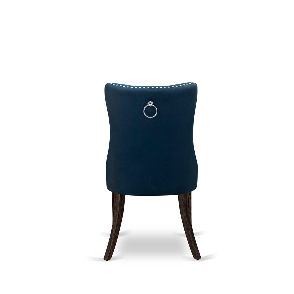 East West Furniture DAP7F29 Dallas Parsons Dining Chairs - Button Tufted Nailhead Trim Navy Blue faux Leather Padded Chairs, Set of 2, Distressed Jacobean