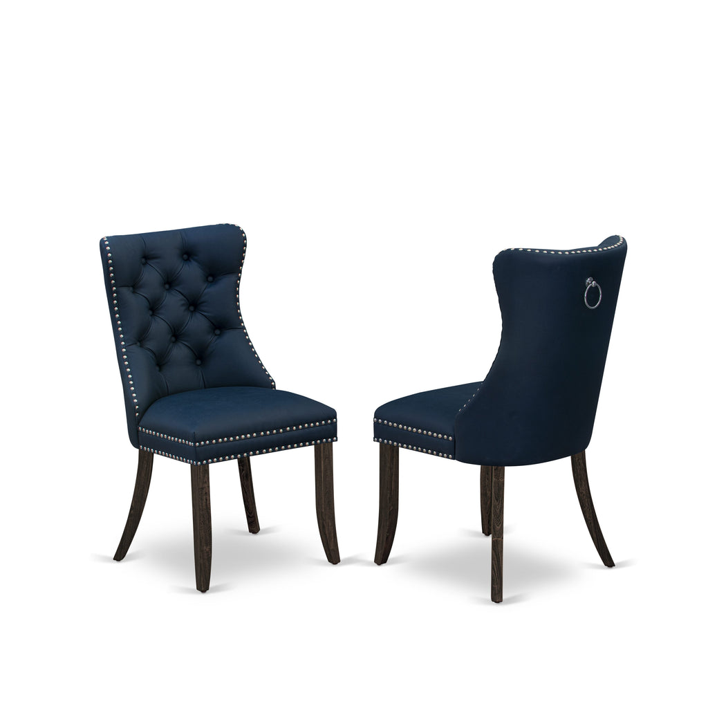 East West Furniture DAP7F29 Dallas Parsons Dining Chairs - Button Tufted Nailhead Trim Navy Blue faux Leather Padded Chairs, Set of 2, Distressed Jacobean