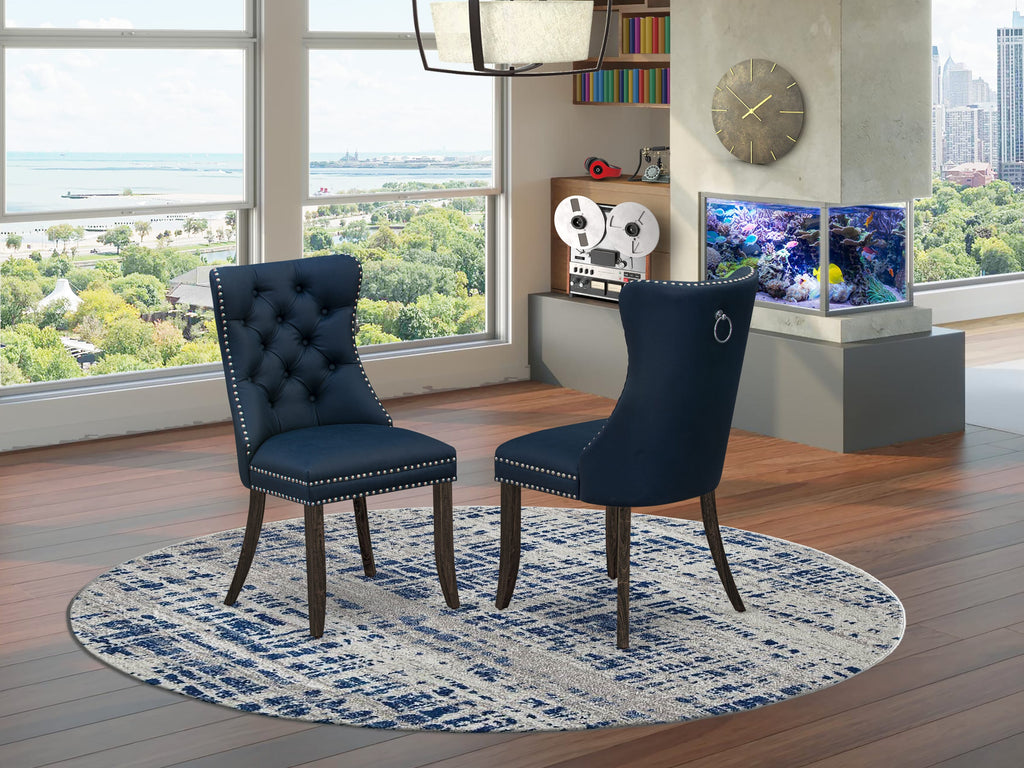 East West Furniture DAP7F29 Dallas Parsons Dining Chairs - Button Tufted Nailhead Trim Navy Blue faux Leather Padded Chairs, Set of 2, Distressed Jacobean