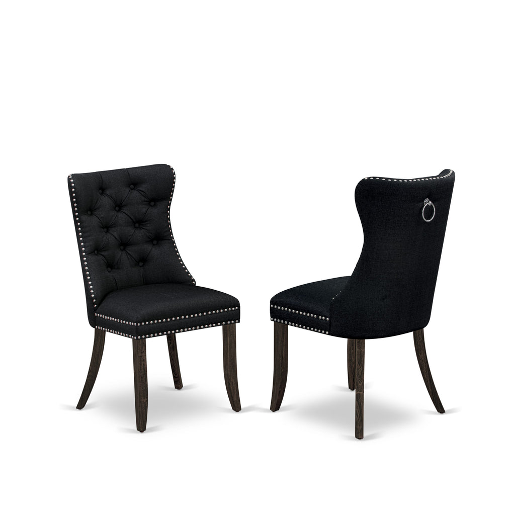 East West Furniture DAP7L24 Dallas Parson Dining Room Chairs - Button Tufted Nailhead Trim Black Linen Fabric Padded Chairs, Set of 2, Distressed Jacobean