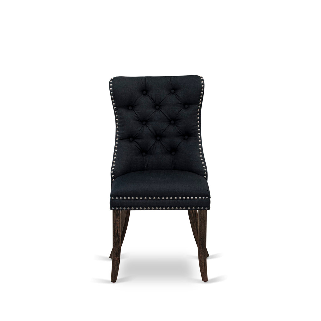 East West Furniture DAP7L24 Dallas Parson Dining Room Chairs - Button Tufted Nailhead Trim Black Linen Fabric Padded Chairs, Set of 2, Distressed Jacobean
