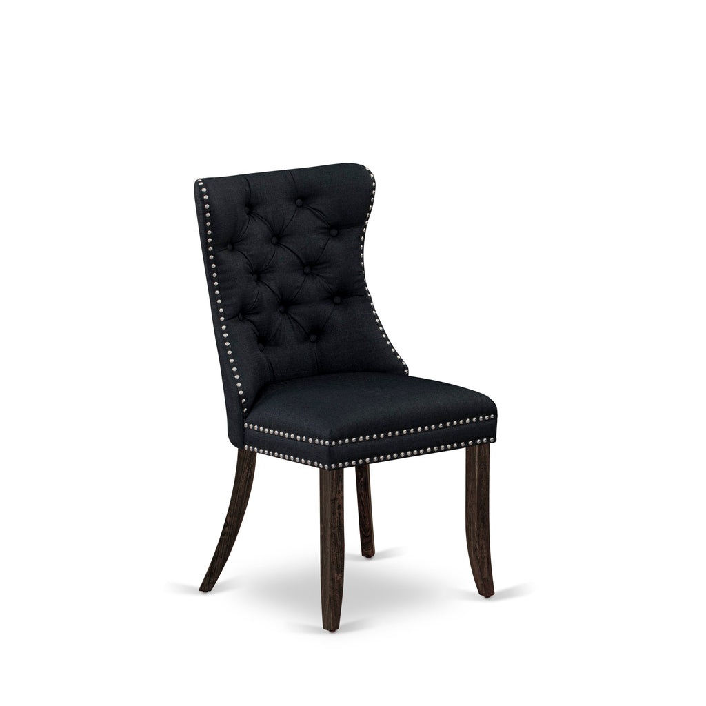 East West Furniture DAP7L24 Dallas Parson Dining Room Chairs - Button Tufted Nailhead Trim Black Linen Fabric Padded Chairs, Set of 2, Distressed Jacobean