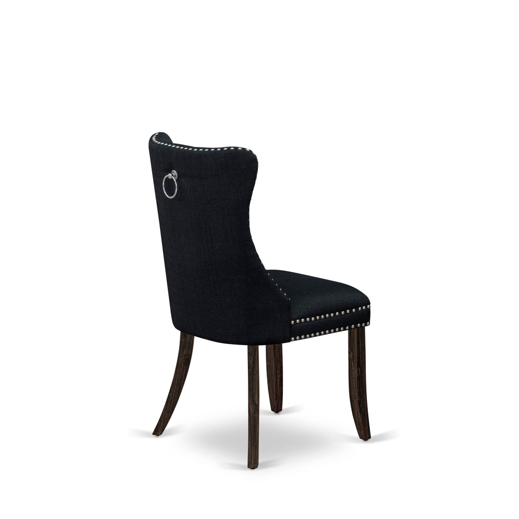 East West Furniture DAP7L24 Dallas Parson Dining Room Chairs - Button Tufted Nailhead Trim Black Linen Fabric Padded Chairs, Set of 2, Distressed Jacobean
