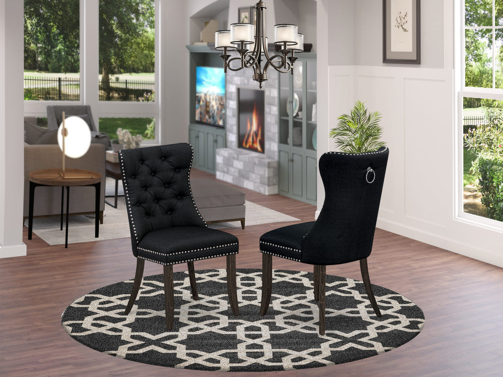 East West Furniture DAP7L24 Dallas Parson Dining Room Chairs - Button Tufted Nailhead Trim Black Linen Fabric Padded Chairs, Set of 2, Distressed Jacobean