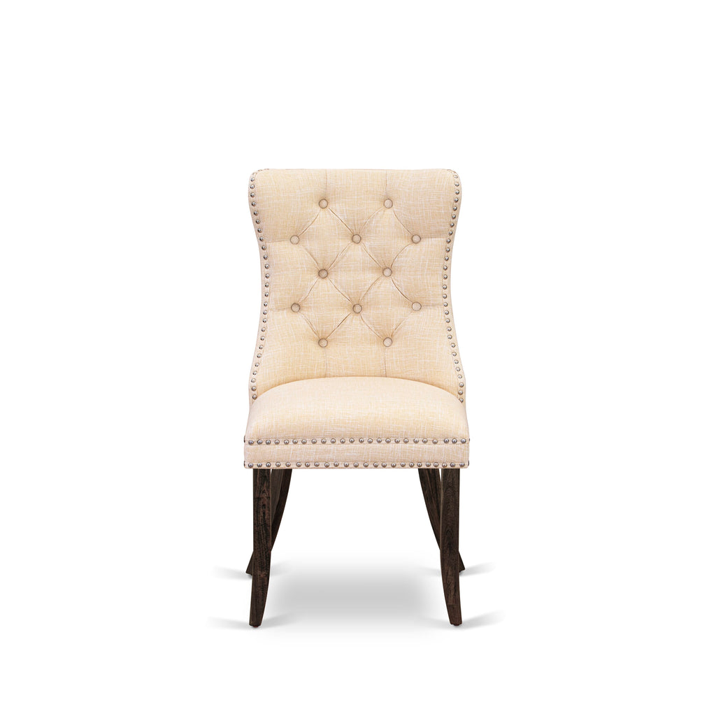 East West Furniture DAP7L32 Dallas Parson Kitchen Chairs - Button Tufted Nailhead Trim Light Beige Linen Fabric Padded Dining Chairs, Set of 2, Distressed Jacobean