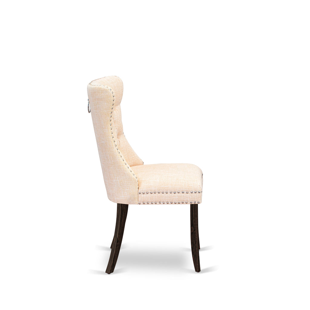 East West Furniture DAP7L32 Dallas Parson Kitchen Chairs - Button Tufted Nailhead Trim Light Beige Linen Fabric Padded Dining Chairs, Set of 2, Distressed Jacobean