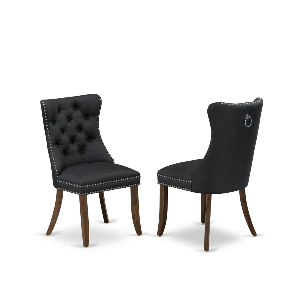 East West Furniture DAP8F12 Dallas Parson Kitchen Chairs - Button Tufted Nailhead Trim Dark Gray faux Leather Upholstered Dining Chairs, Set of 2, Antique Walnut
