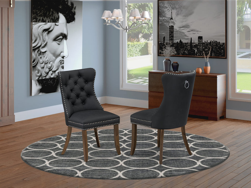 East West Furniture DAP8F12 Dallas Parson Kitchen Chairs - Button Tufted Nailhead Trim Dark Gray faux Leather Upholstered Dining Chairs, Set of 2, Antique Walnut