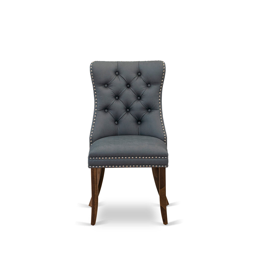 East West Furniture DAP8F13 Dallas Parson Chairs - Button Tufted Nailhead Trim Platinum Gray faux Leather Padded Dining Chairs, Set of 2, Antique Walnut