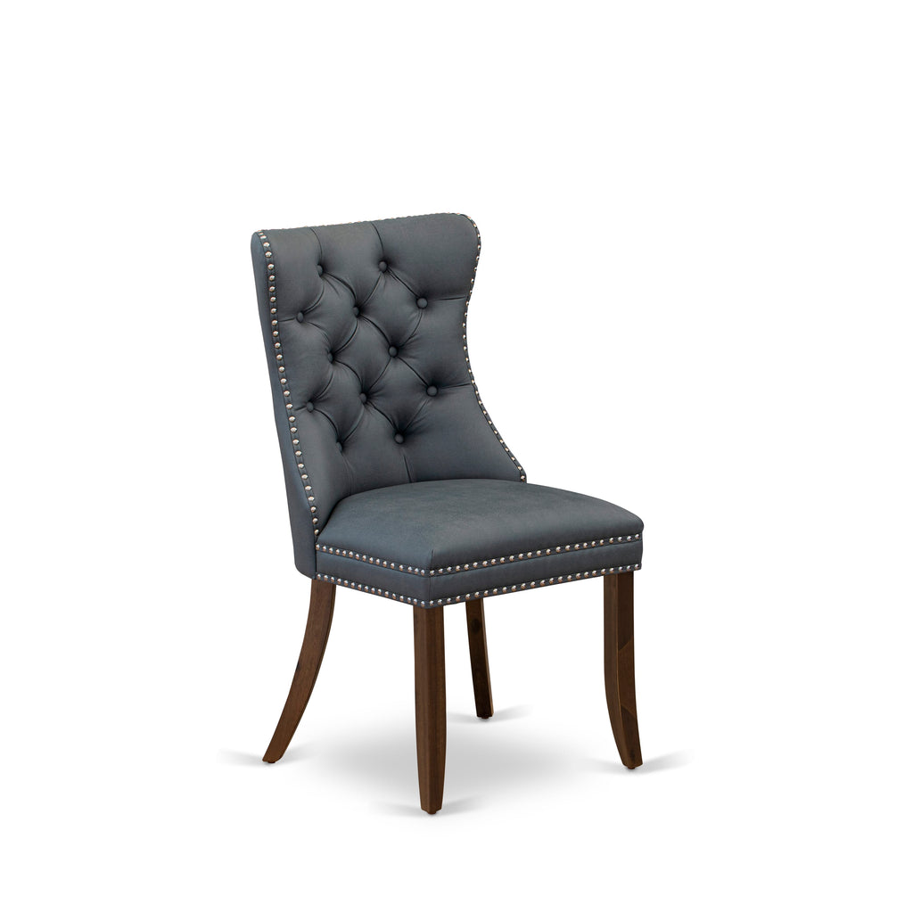 East West Furniture DAP8F13 Dallas Parson Chairs - Button Tufted Nailhead Trim Platinum Gray faux Leather Padded Dining Chairs, Set of 2, Antique Walnut