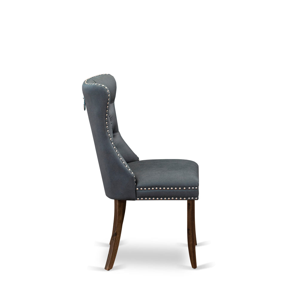 East West Furniture DAP8F13 Dallas Parson Chairs - Button Tufted Nailhead Trim Platinum Gray faux Leather Padded Dining Chairs, Set of 2, Antique Walnut
