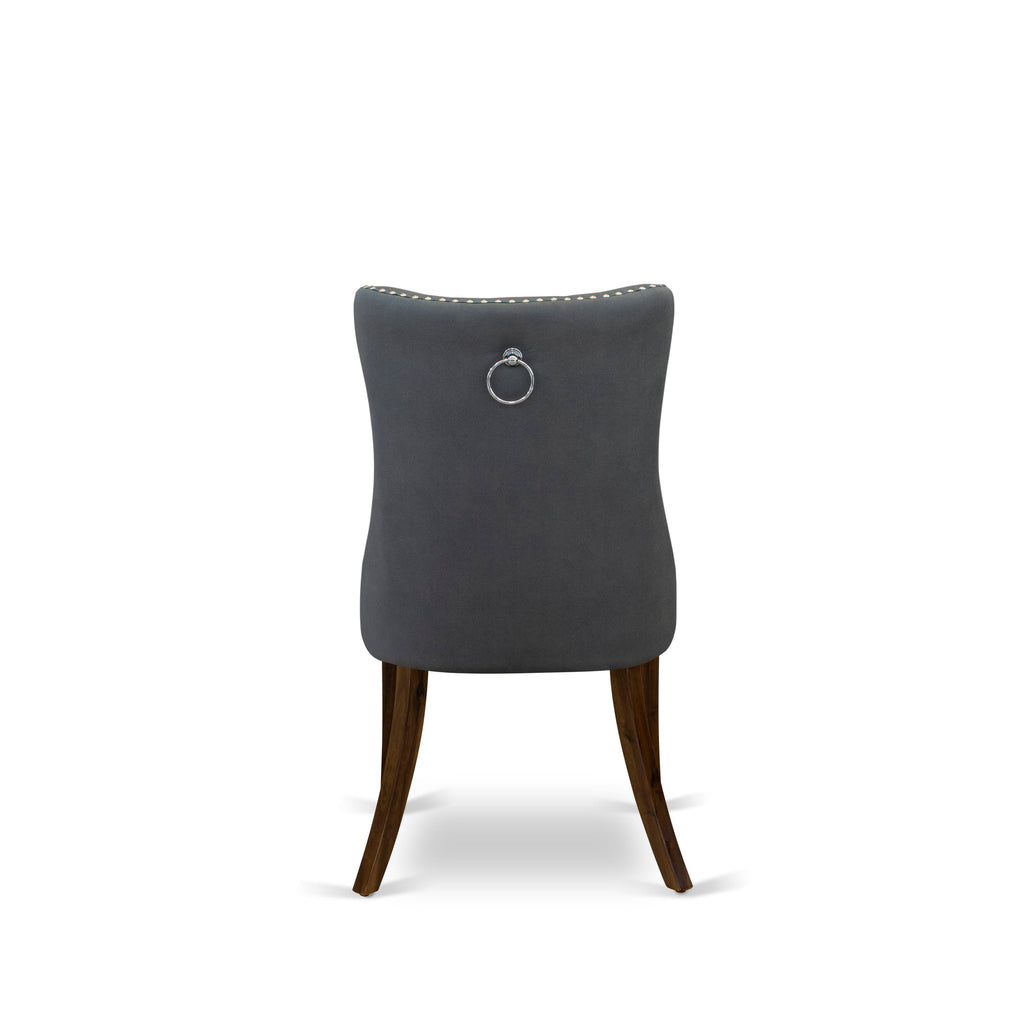 East West Furniture DAP8F13 Dallas Parson Chairs - Button Tufted Nailhead Trim Platinum Gray faux Leather Padded Dining Chairs, Set of 2, Antique Walnut