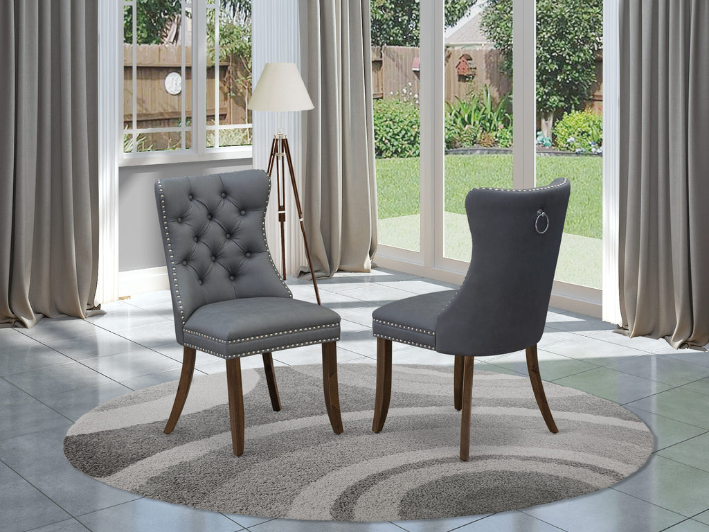 East West Furniture DAP8F13 Dallas Parson Chairs - Button Tufted Nailhead Trim Platinum Gray faux Leather Padded Dining Chairs, Set of 2, Antique Walnut