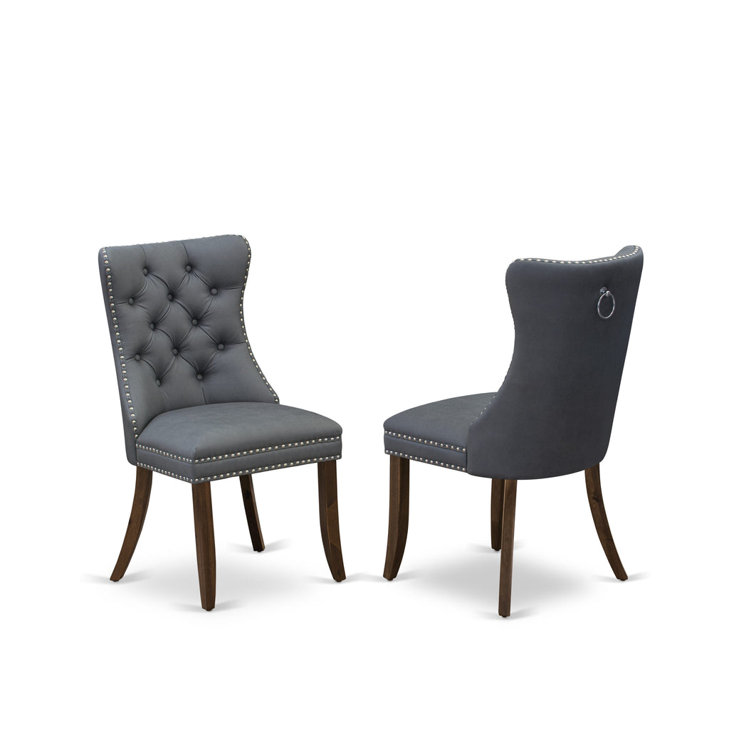 East West Furniture DAP8F13 Dallas Parson Chairs - Button Tufted Nailhead Trim Platinum Gray faux Leather Padded Dining Chairs, Set of 2, Antique Walnut