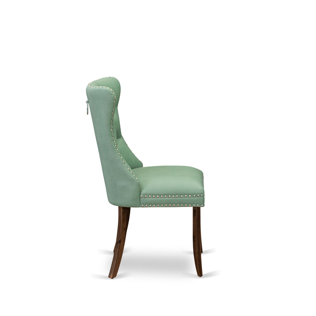Luxe by East West Furniture NEDA7-AWA-22 7-piece Dining Table Set consists of a Kitchen Table and 6 Willow Green PU Leather Dinner Chairs with Button tufted Back - Antique Walnut Finish