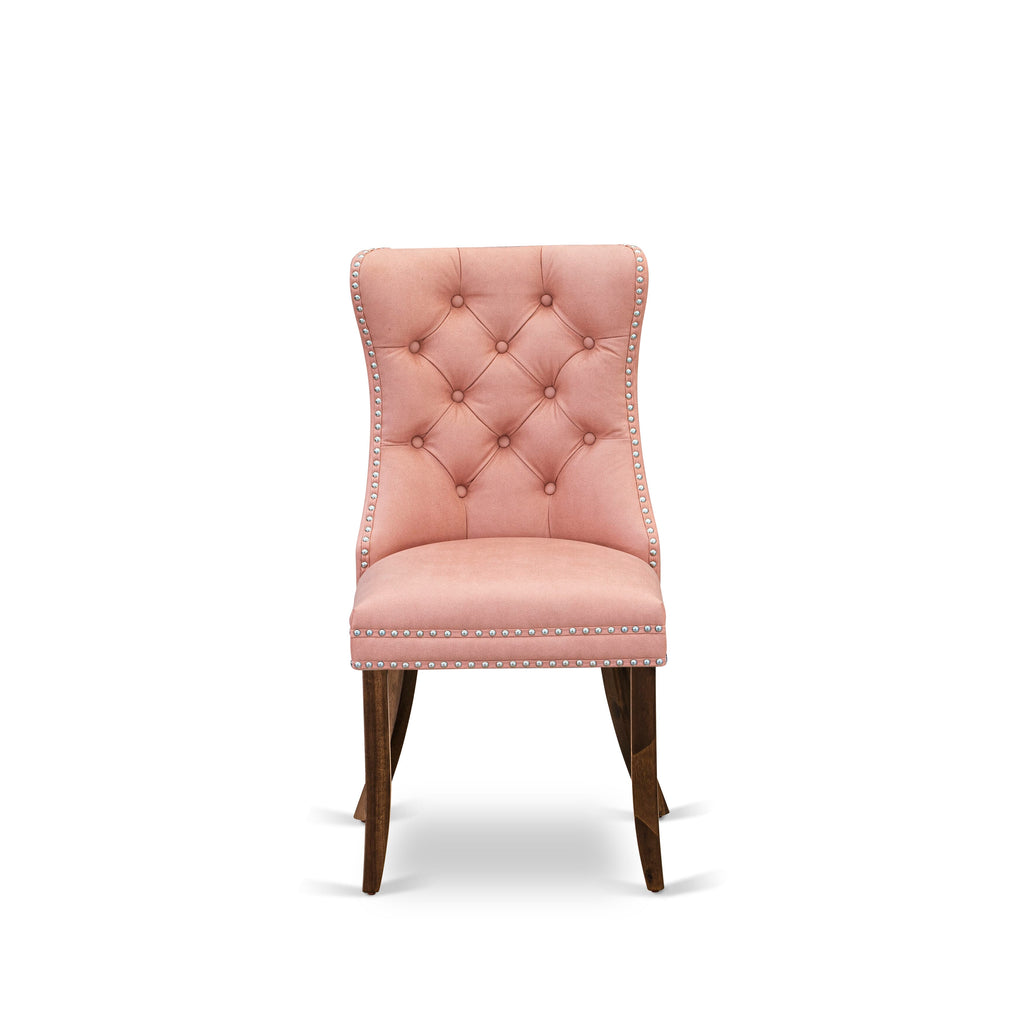 East West Furniture DAP8F23 Dallas Parson Dining Room Chairs - Button Tufted Nailhead Trim Beige Red faux Leather Upholstered Chairs, Set of 2, Antique Walnut