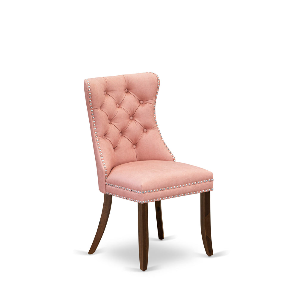 East West Furniture DAP8F23 Dallas Parson Dining Room Chairs - Button Tufted Nailhead Trim Beige Red faux Leather Upholstered Chairs, Set of 2, Antique Walnut