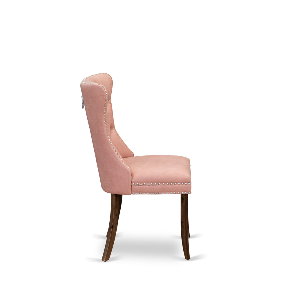 East West Furniture DAP8F23 Dallas Parson Dining Room Chairs - Button Tufted Nailhead Trim Beige Red faux Leather Upholstered Chairs, Set of 2, Antique Walnut