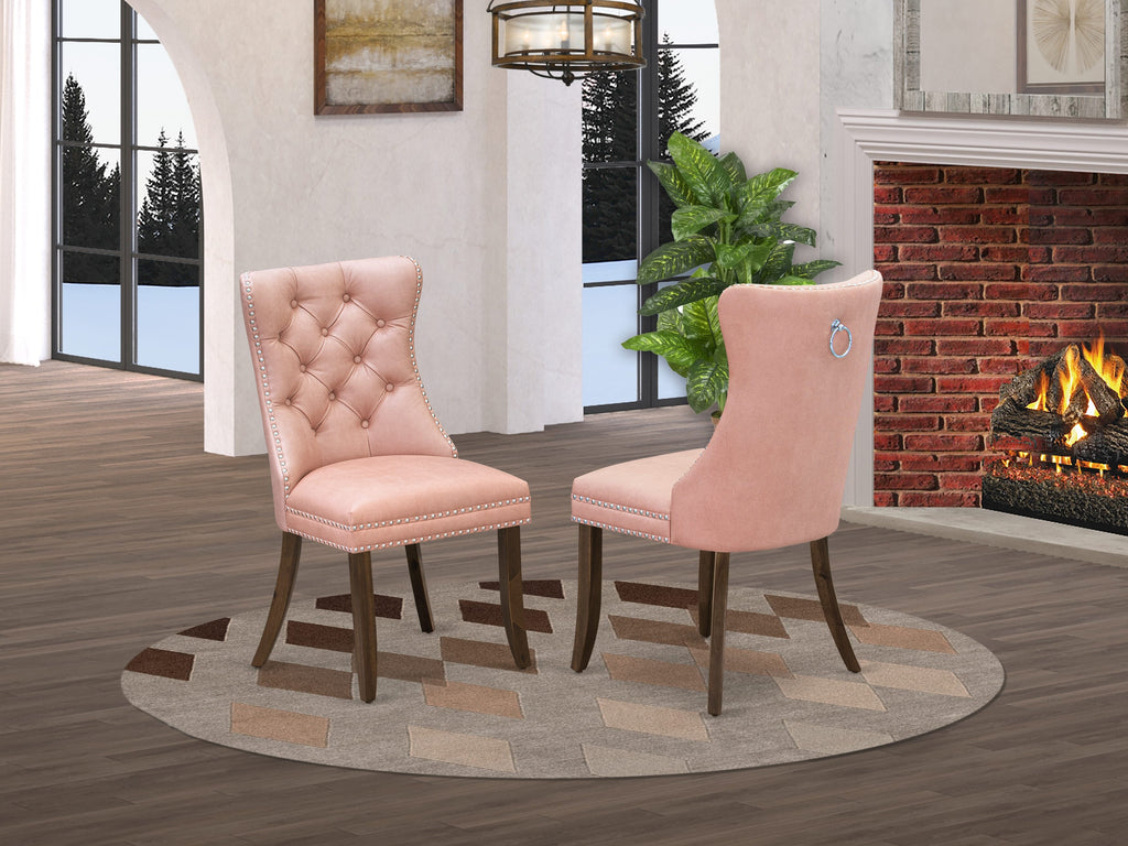 East West Furniture DAP8F23 Dallas Parson Dining Room Chairs - Button Tufted Nailhead Trim Beige Red faux Leather Upholstered Chairs, Set of 2, Antique Walnut