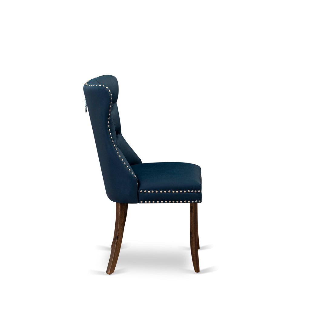 Luxe by East West Furniture I2DA5-50N-29 5-Piece mid-century kitchen set with Faux Leather 4 Navy Blue kitchen chairs, Button-Tufted Backs, and a 54"Round Table in Antique Walnut Finish.