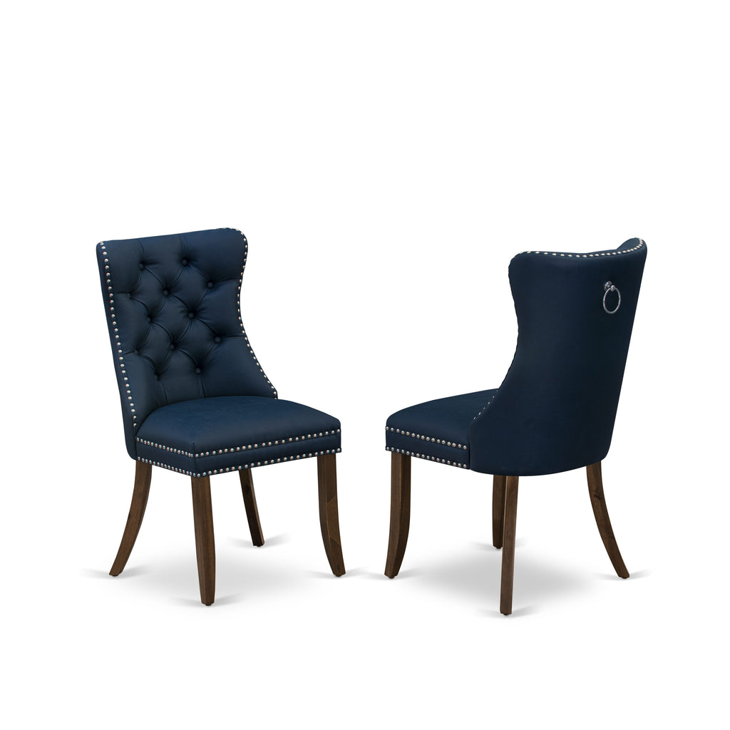 Luxe by East West Furniture I2DA5-50N-29 5-Piece mid-century kitchen set with Faux Leather 4 Navy Blue kitchen chairs, Button-Tufted Backs, and a 54"Round Table in Antique Walnut Finish.