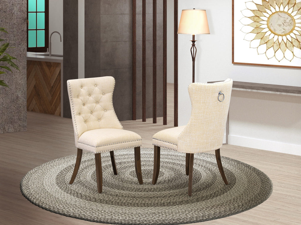 Luxe by East West Furniture F3DA5-50N-32 5-Piece Dining Room Set with Linen Fabric 4 Light Beige parson chairs, Button-Tufted Backs, and a 54"Round Dinner Table in Antique Walnut Finish.