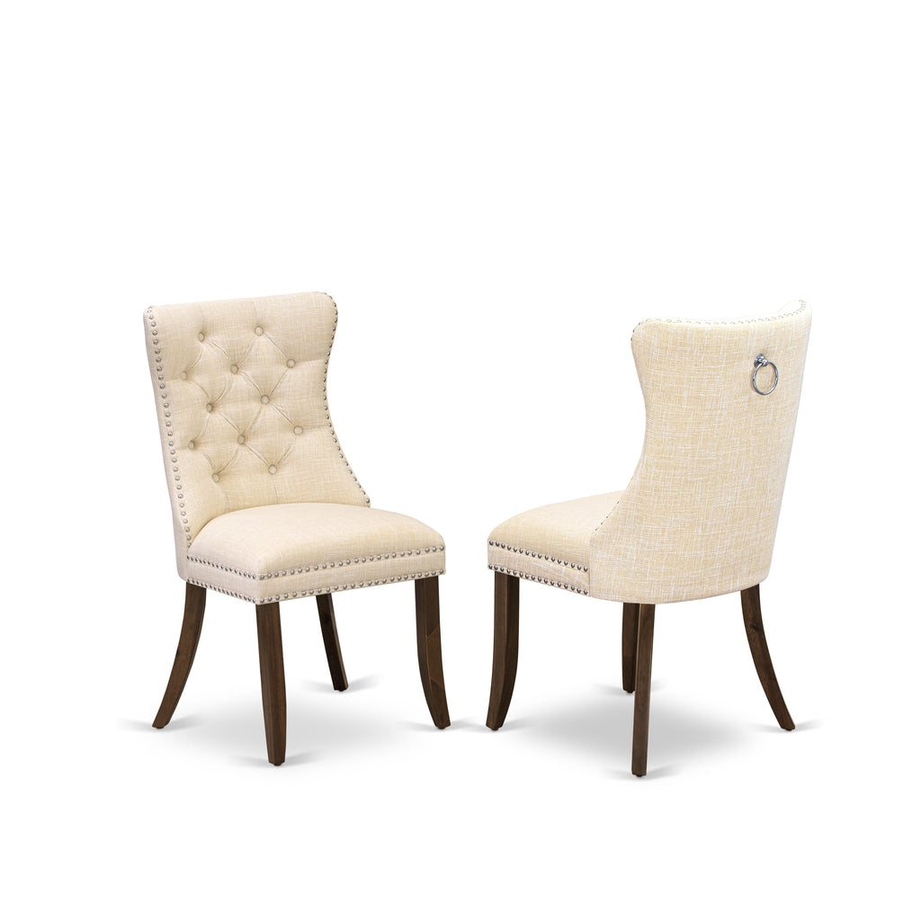 East West Furniture DAP8L32 Dallas Parson Kitchen Chairs - Button Tufted Nailhead Trim Light Beige Linen Fabric Upholstered Dining Chairs, Set of 2, Antique Walnut